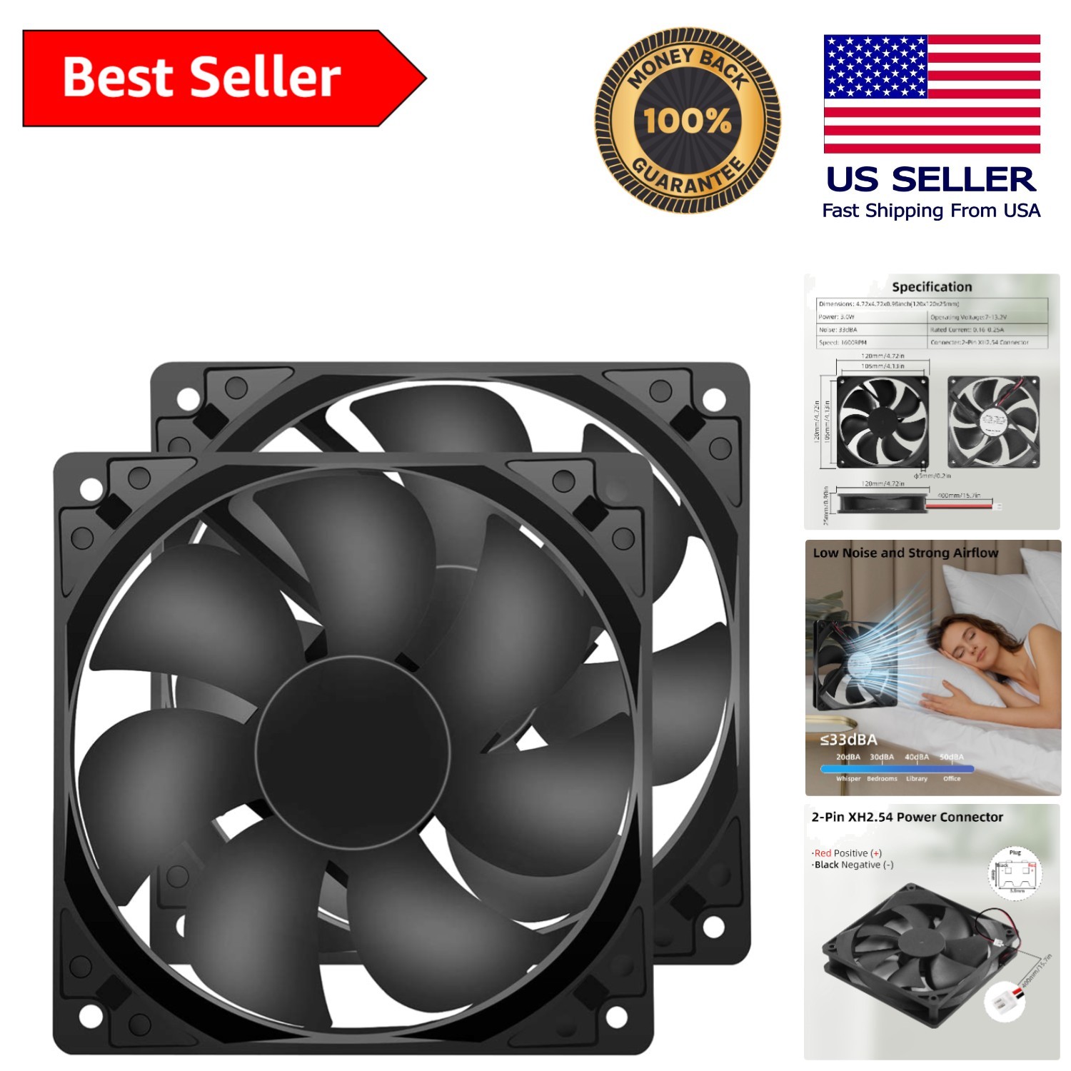 Durable 2-Pack of 12V DC Cooling Fans – 73 CFM Airflow, Perfect for Any Device