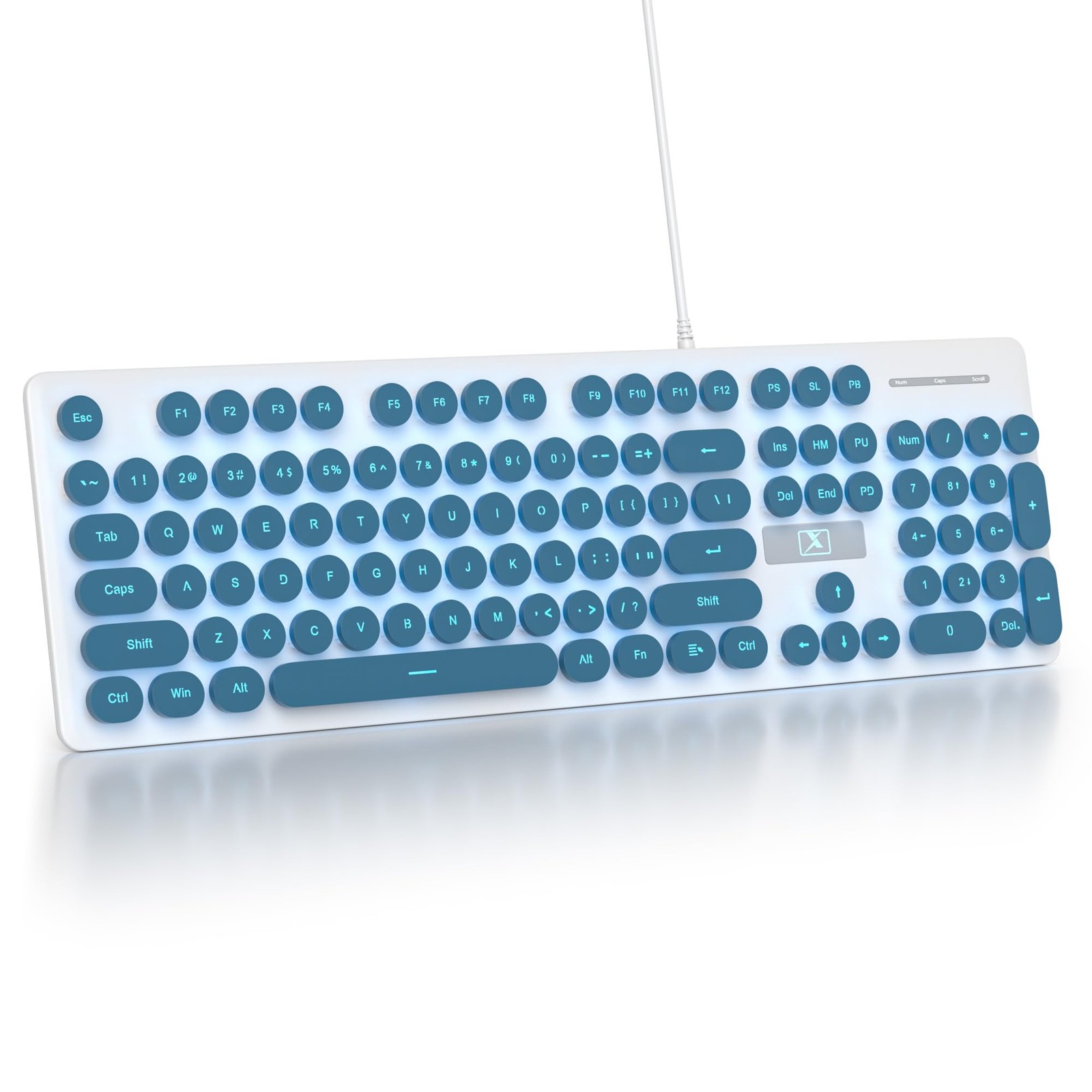Cute Quiet Keyboard Blue Wired Typewriter Light Up Backlit Round Keys 104