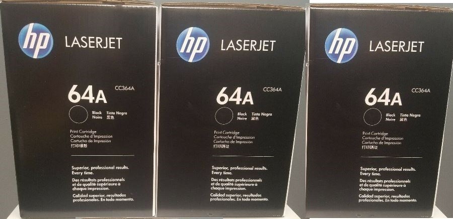 3 New Genuine Sealed HP 64A Toner Cartridges CC364A Black Boxes