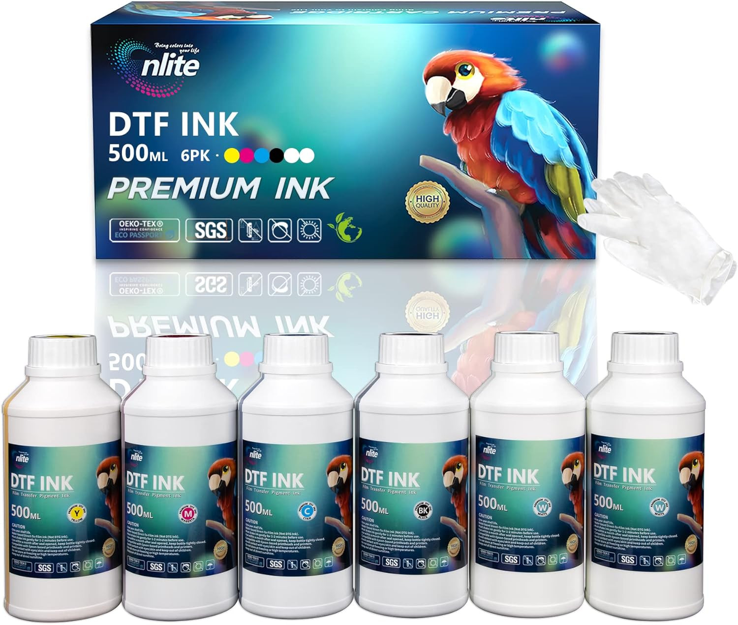 Enlite Premium DTF Ink 500ML Combo Pack, Pigment Ink for PET Film Heat Transfer