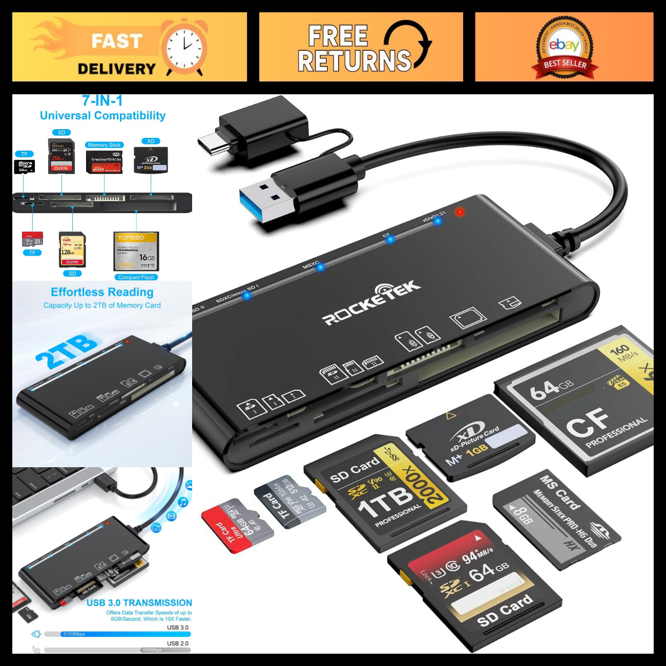 7-in-1 USB 3.0 & USB-C Multi Card Reader for SD, Micro SD, CF, MS, xD - Windows,