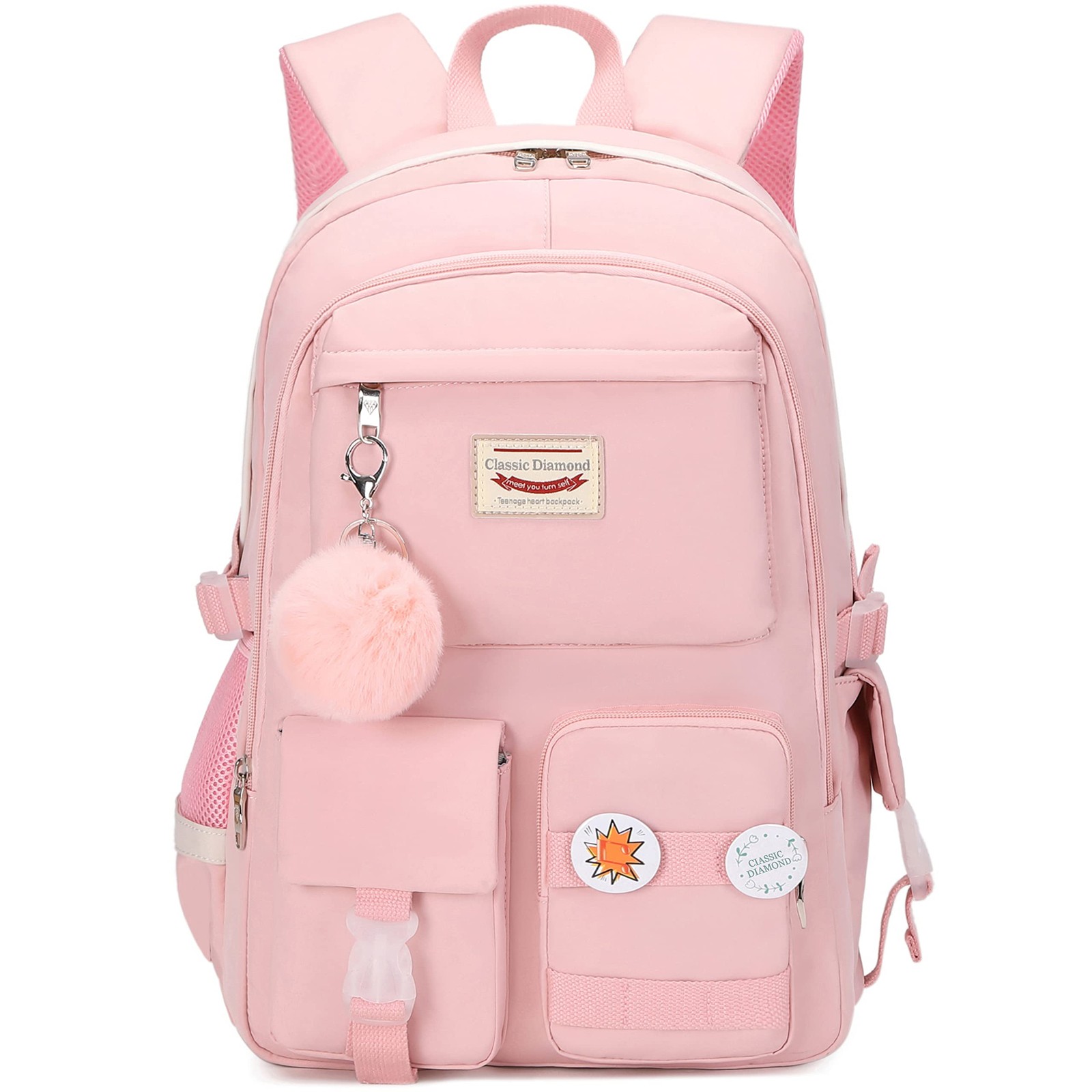 Classic Diamond School Backpack for Girls Laptop Cute Large, Pink