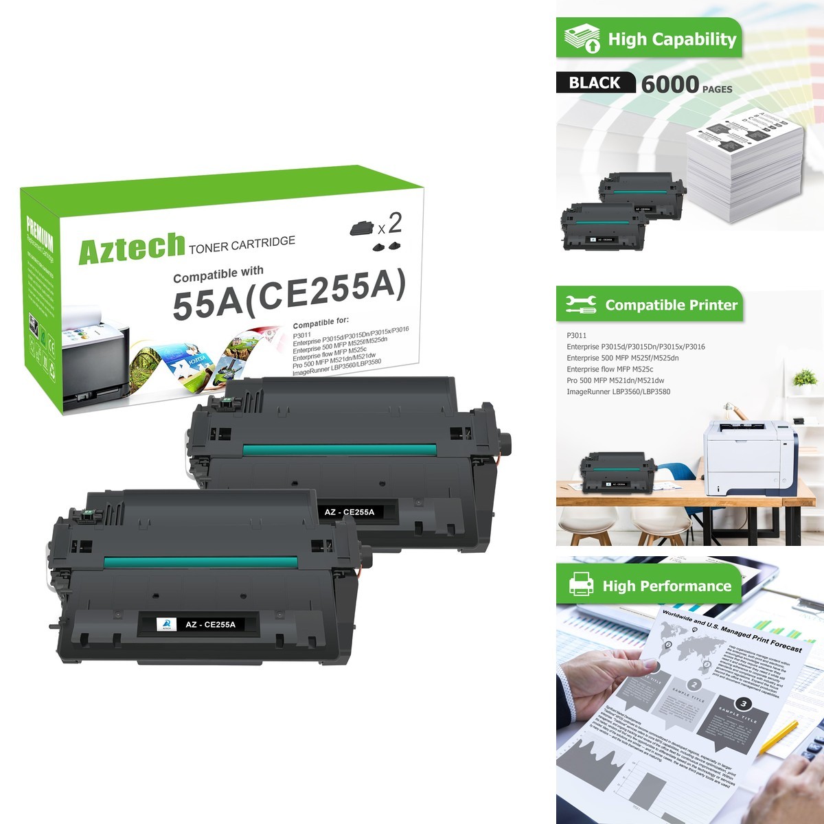 Aztech CE255A 55A Black Toner Cartridge HP 55X CE255X P3015 M521dn 2 Pack 55A