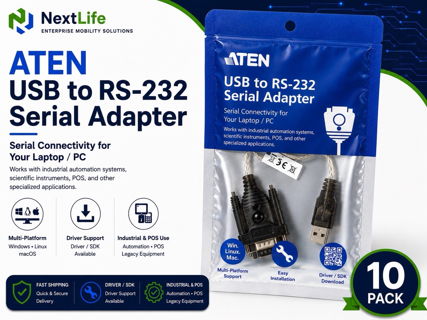 10x NEW SEALED ATEN USB to RS-232 Serial Adapter in Black/Translucent | UC232A