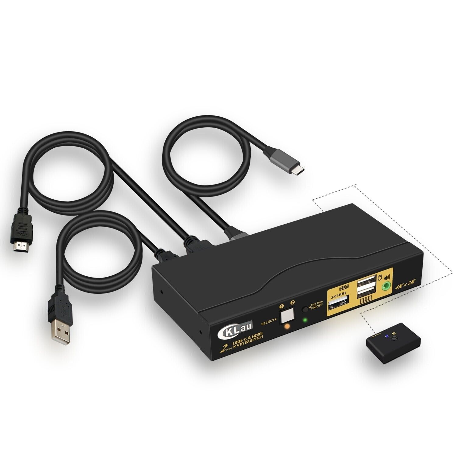 CKLau USB Type-C + HDMI KVM switch 2 port, 4K @ 60Hz HDMI USB-C audio switch Rem