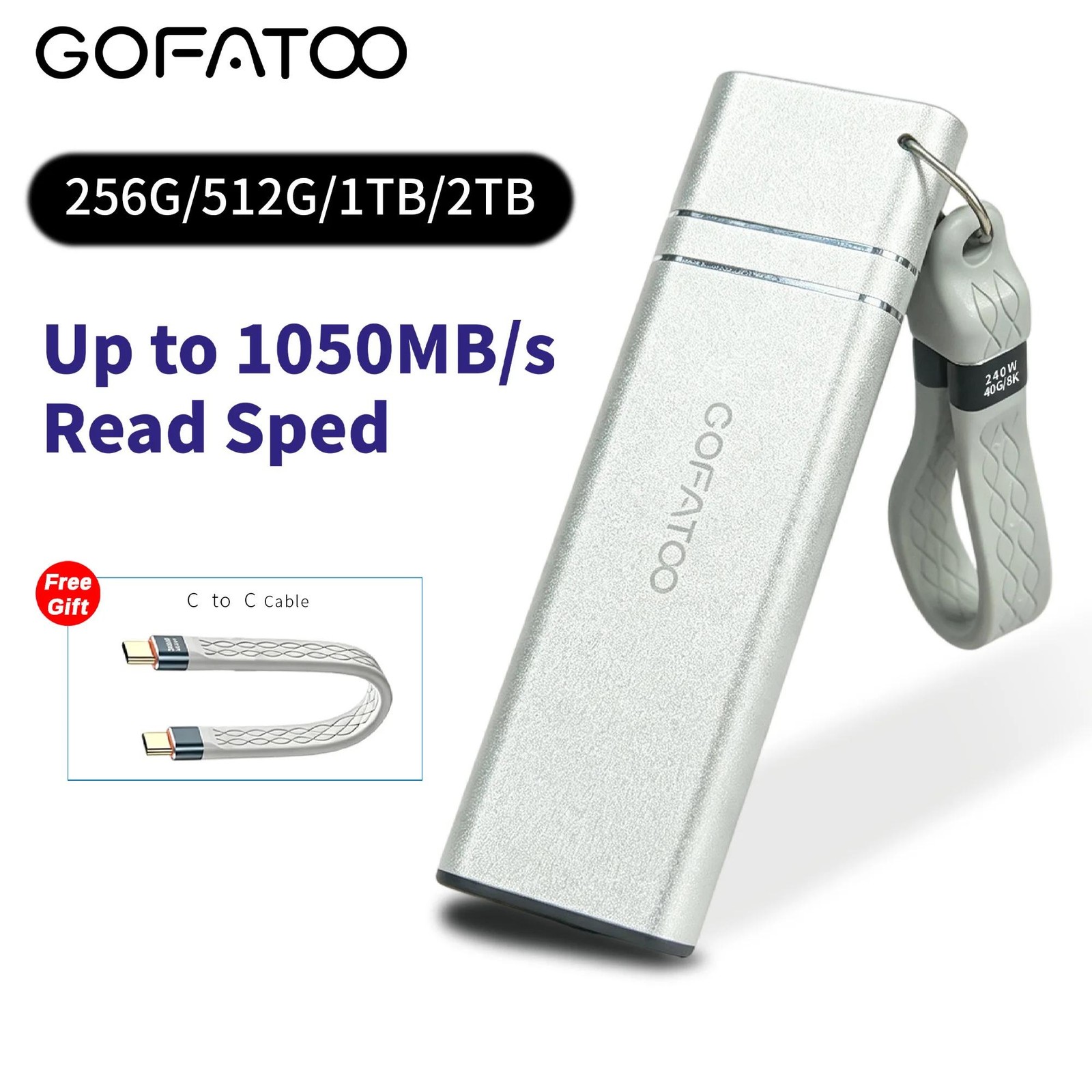 GOFATOO 1050MB/s USB3.2 Gen2 Type-C Portable External SSD Silver 512GB/1TB/2TB