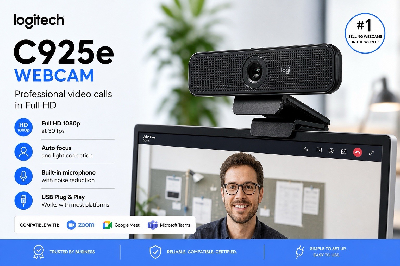 Logitech C925-E Business Webcam HD 1080p/30fps with Light Correction