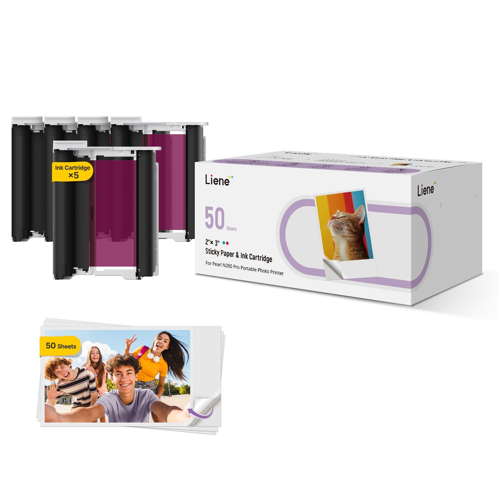 Liene Pearl N200 Pro Portable Photo Printer Photo Paper 50 Sheets & 5 Cartrid...