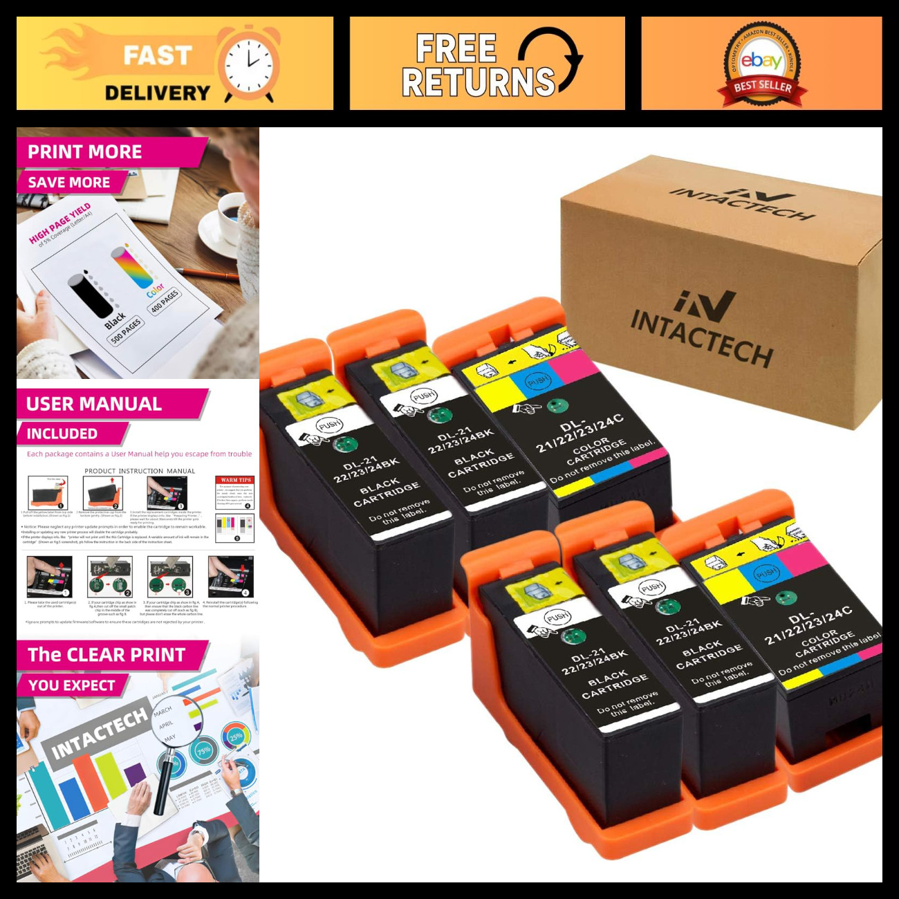 Compatible Ink Cartridges for Dell Series 21-24, 4 Black + 2 Color, V313 V515w V