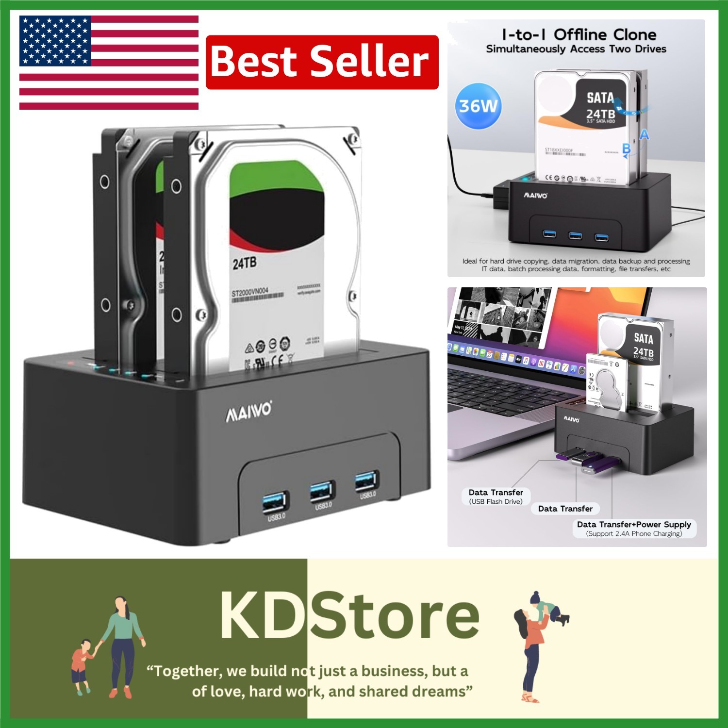USB 3.0 Hard Drive Clone Dock with 3X Hub - 48TB Capacity for Fast Transfers