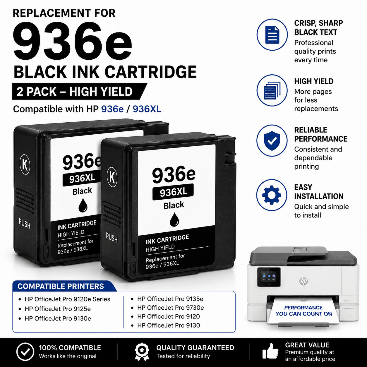 936e Black Ink Cartridge Replacement for HP 936e / 936XL – High Yield 2-Pack