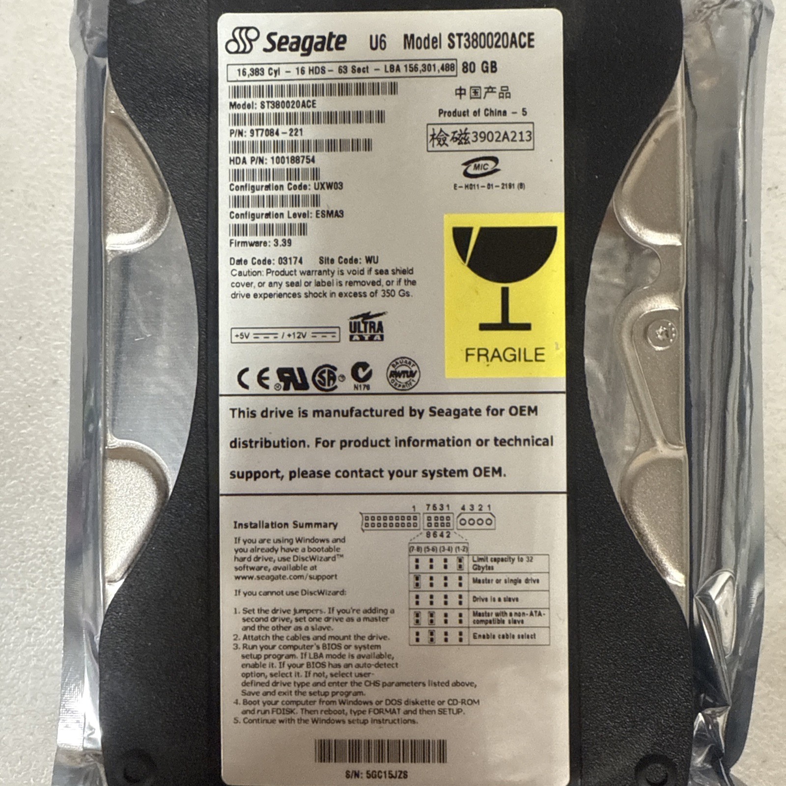 80gb hdd, seagate u6 st380020ace, 9t7084-221, Tested 0 day power on 100% health