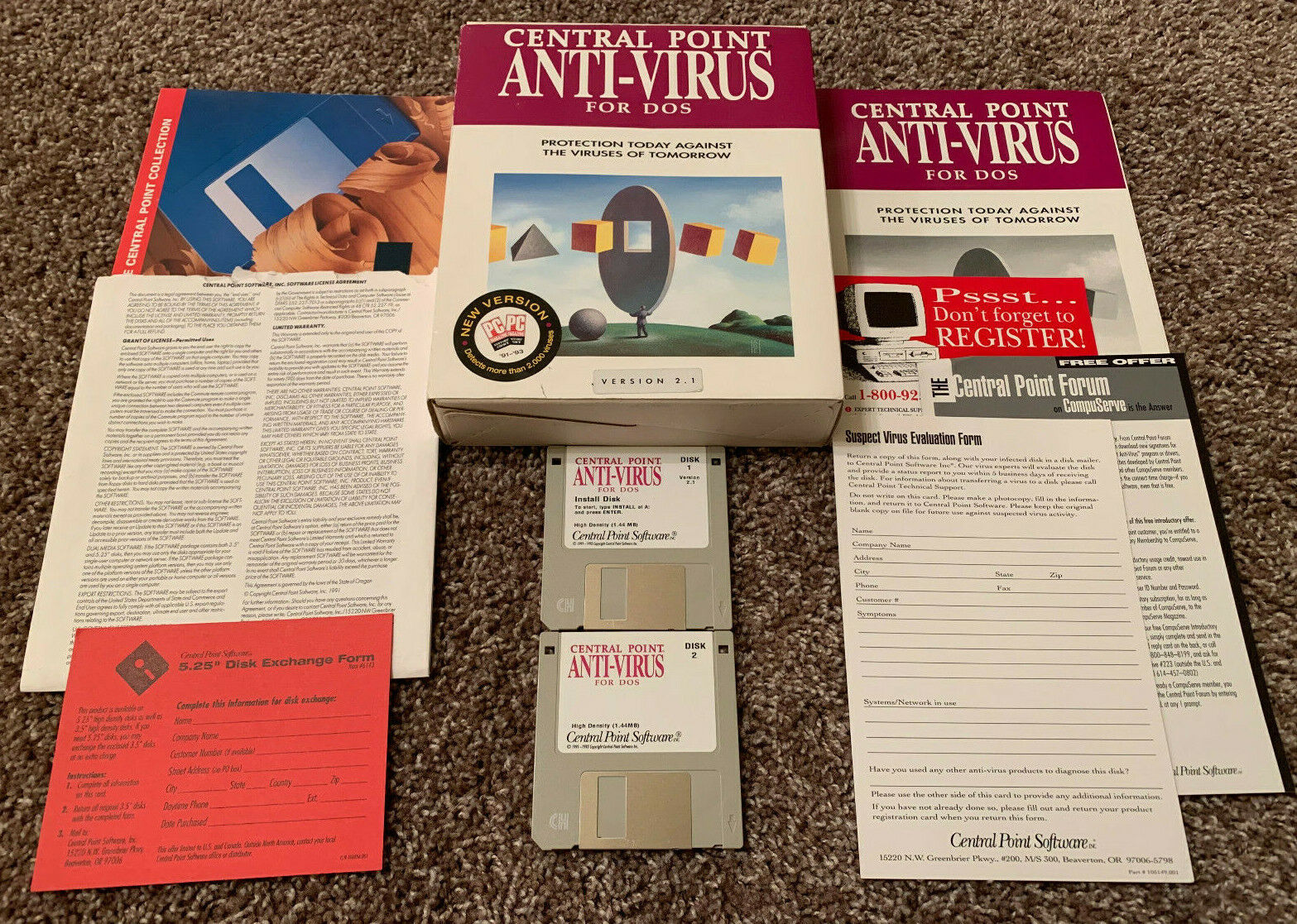 Central Point Anti-Virus Version 2.1 PC Computer MS-DOS Software COMPLETE in Box