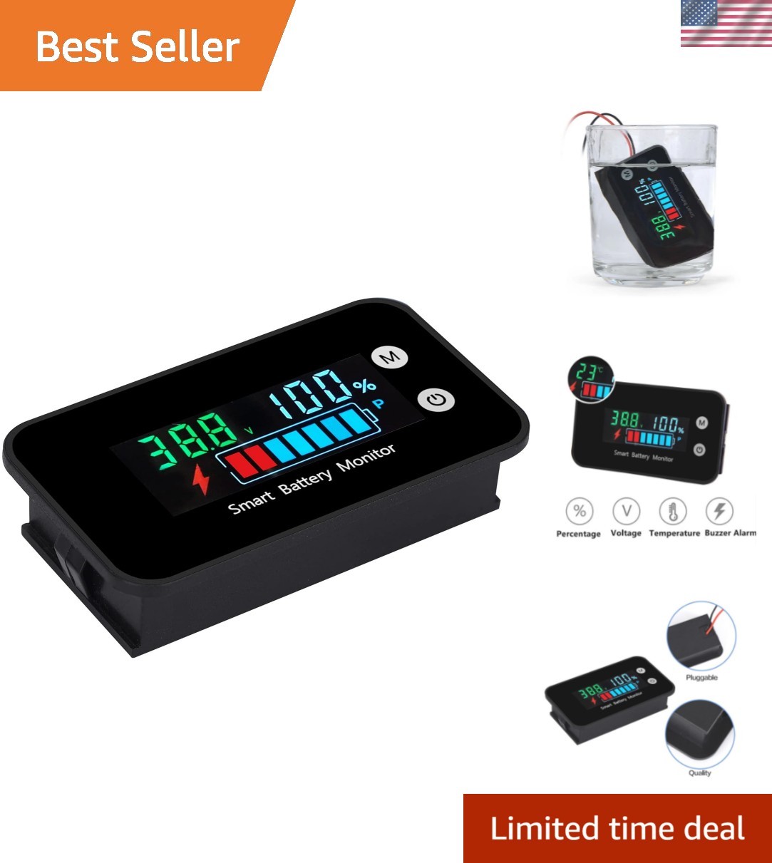 7-100V Waterproof Battery Monitor Color LCD with Buzzer Alarm &Temp