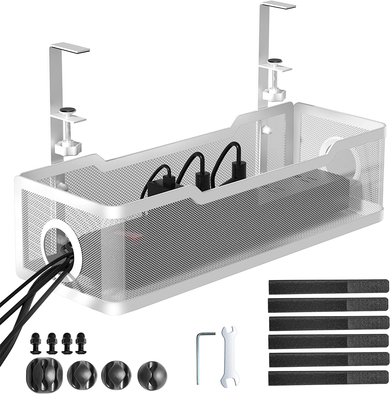 Under Desk Cable Management Tray, 13.4" Metal Cord Organizer, White