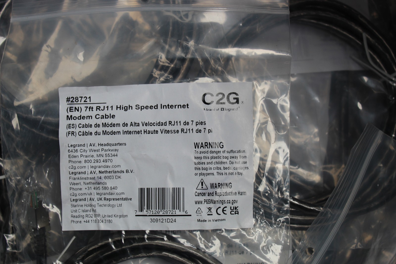 C2G 28721 7ft RJ11 High Speed Internet Modem Cable Black NEW