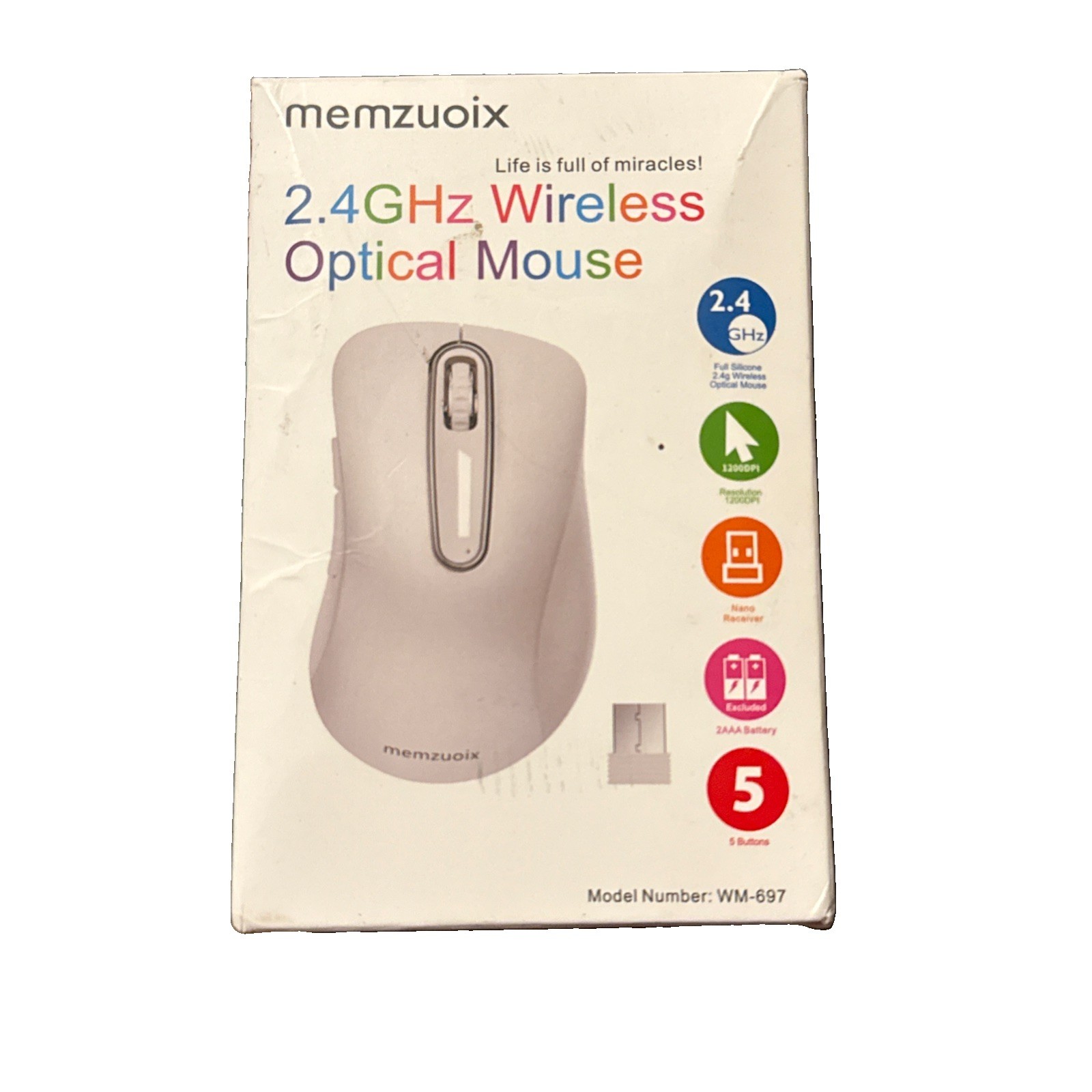 Memzuoix WM-697 2.4GHz Wireless Optical Mouse 5 Button USB Receiver