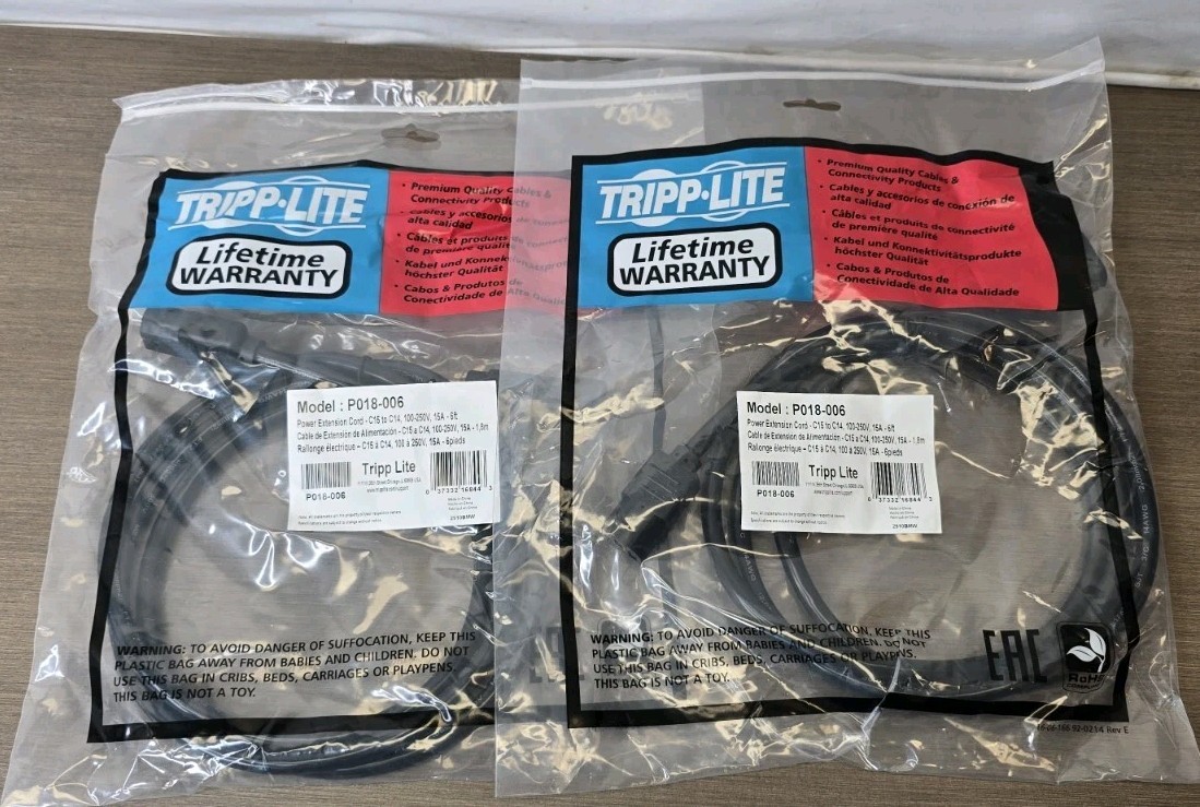 2 Tripp Lite P018-006 6' Power Extension Cord Cable, C15 to C14, 15A Black