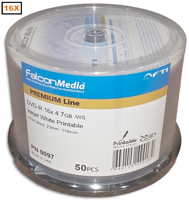 50-Pak FalconMedia 16X White Inkjet Hub DVD-R's with HARD COAT RECORD SURFACE