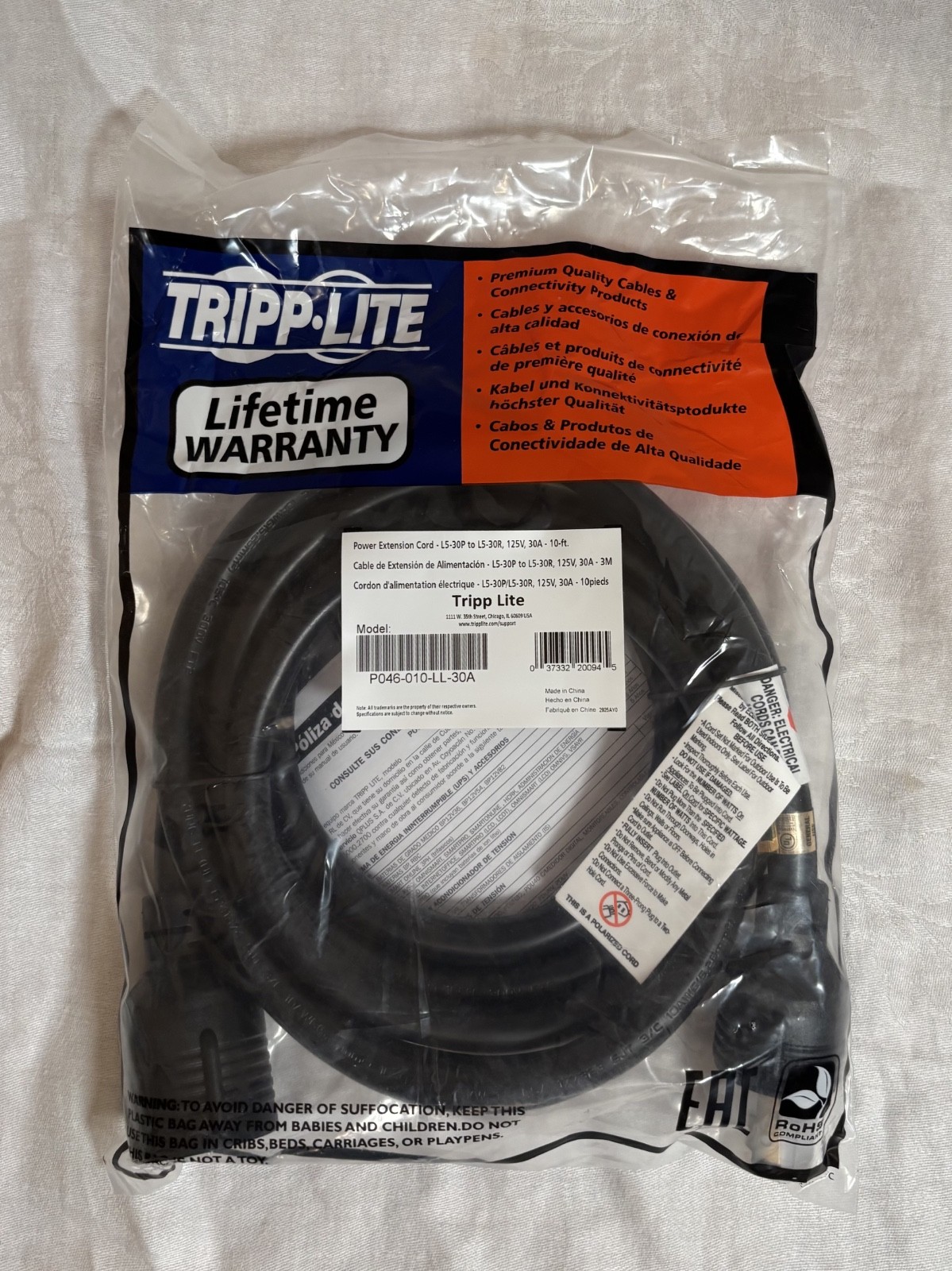 Tripp Lite P046-010-LL-30A Power Extension Cord L5-30P to L5-30R 125V 30A 10-ft