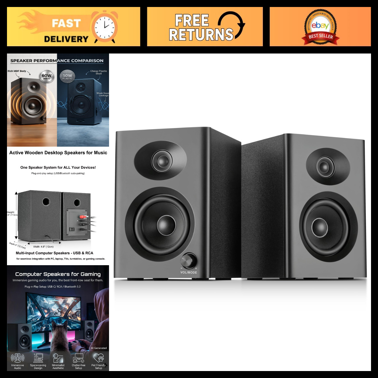 High-Quality Powered Desktop Computer Speakers for Music & Gaming - Black Pair