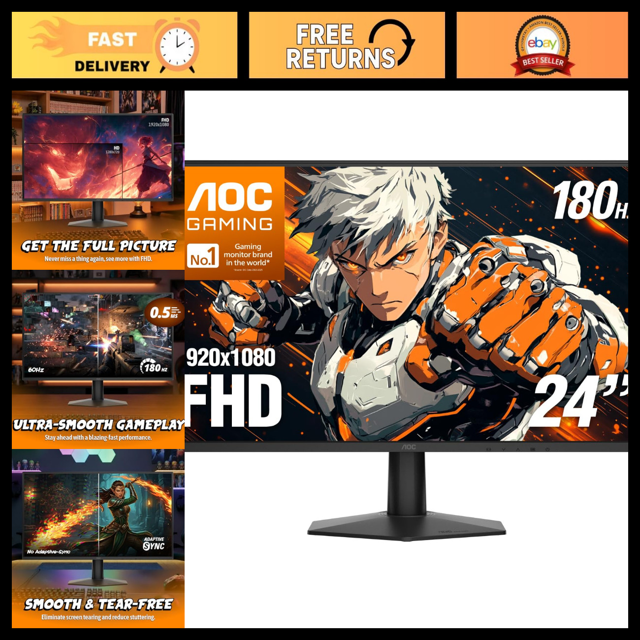 24" FHD Gaming Monitor - 180Hz Fast IPS, 0.5ms Response Time, HDR, Ultra-Slim