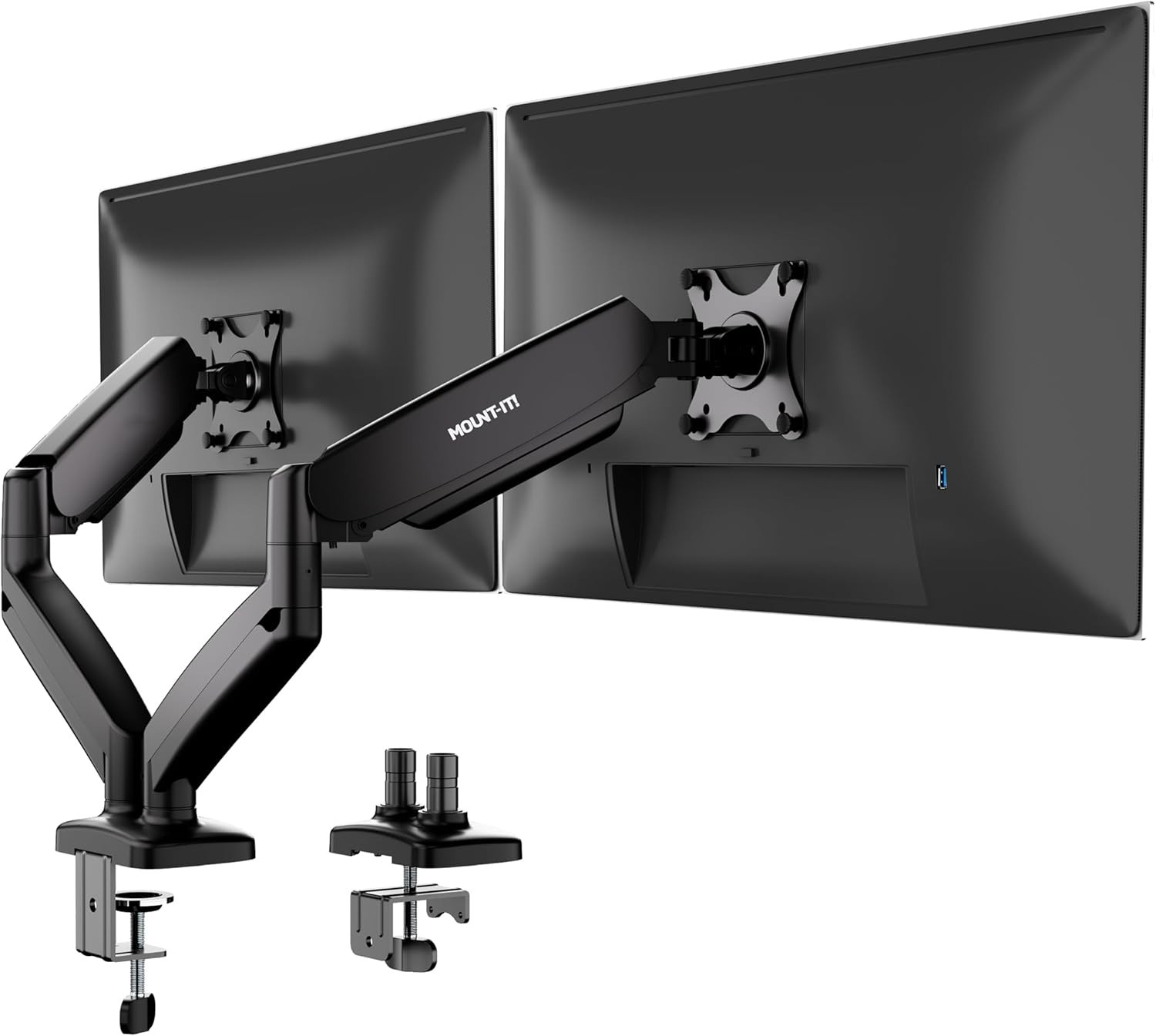 Mount-It Dual Monitor Desk Mount, Two Independent Gas Spring Arms, Fits 13-32"