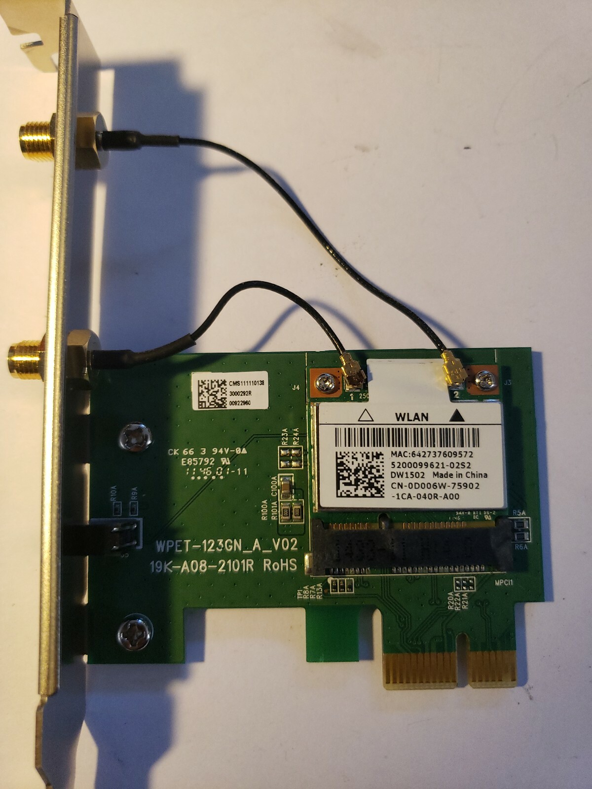Dell WPET 123GN A V02 PCIe 19K A08 2101R WLAN Mini Card P/N: 056CGK
