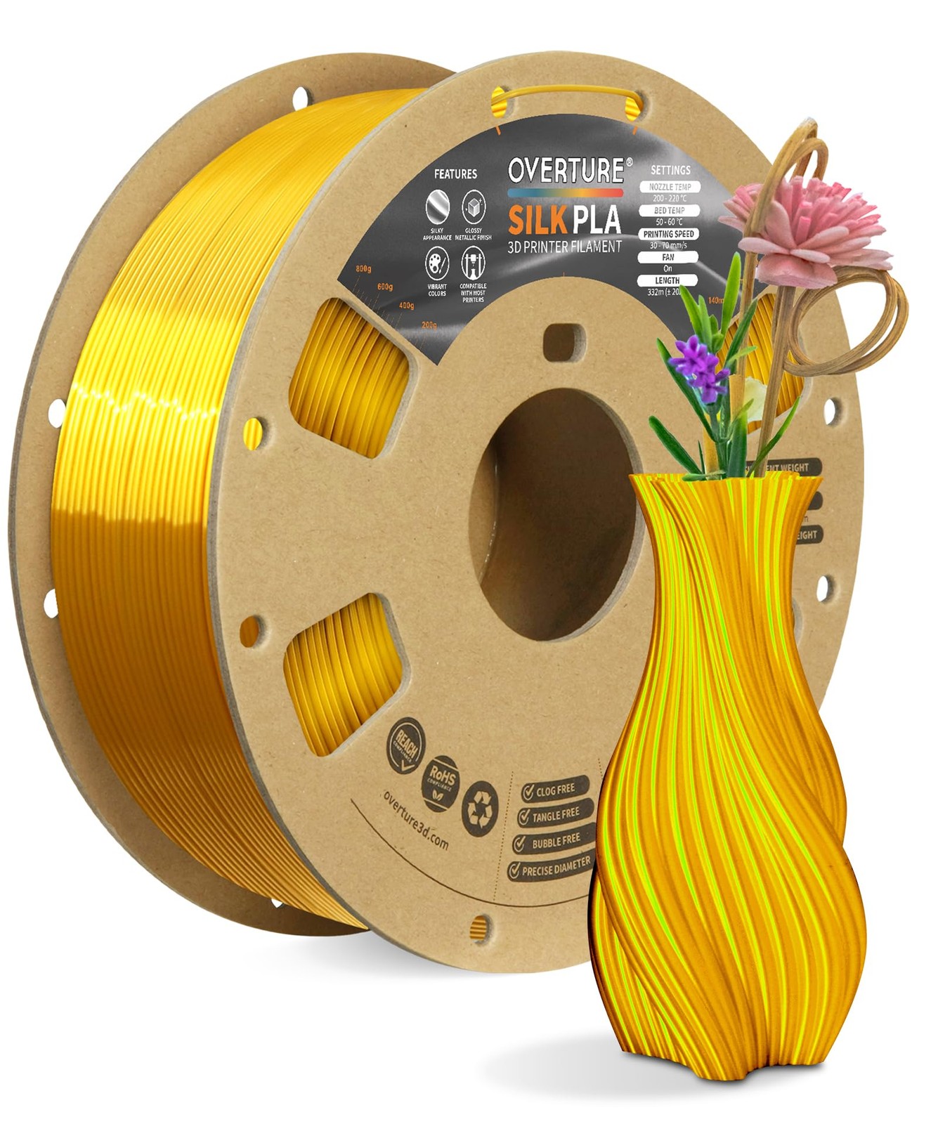 OVERTURE Silk PLA Filament 1.75mm Gold 1kg 3D Printer Filament 72Hr Odor Control