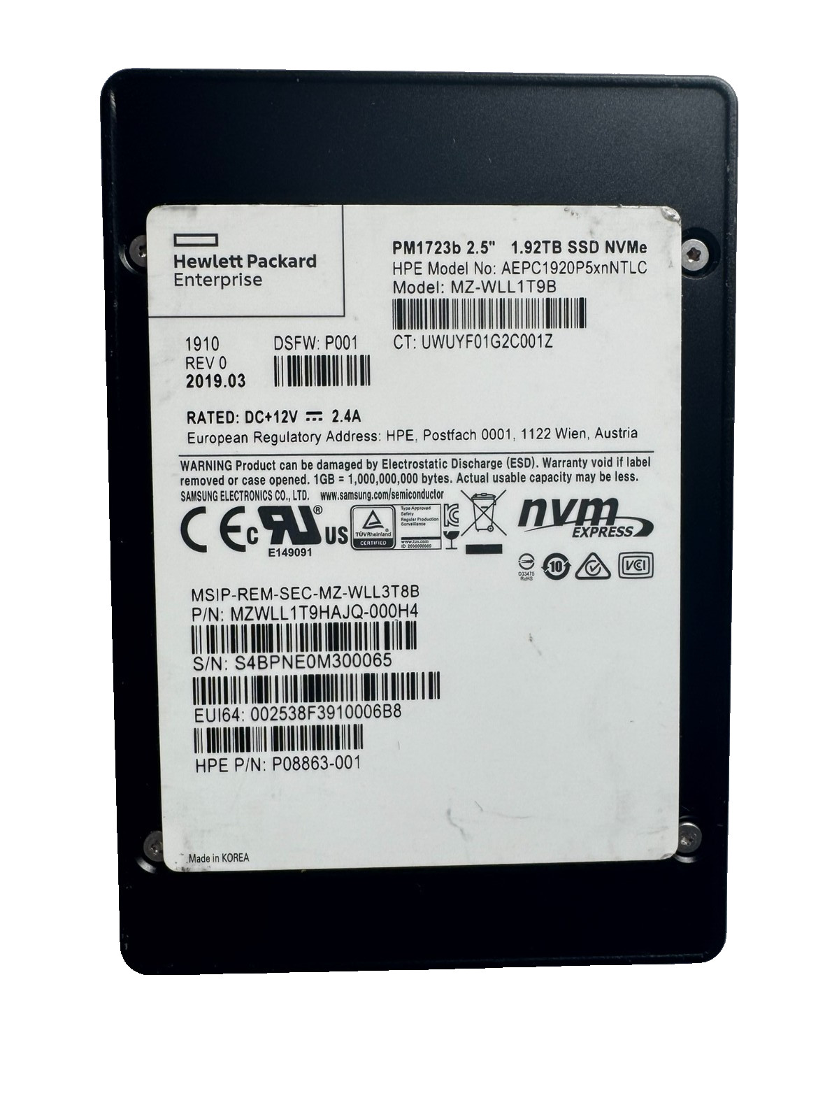 HPE SAMSUNG PM1723b 1.92TB 2.5" PCIe3.0 x4 NVMe U.2 SSD/Perfect 100% HEALTH