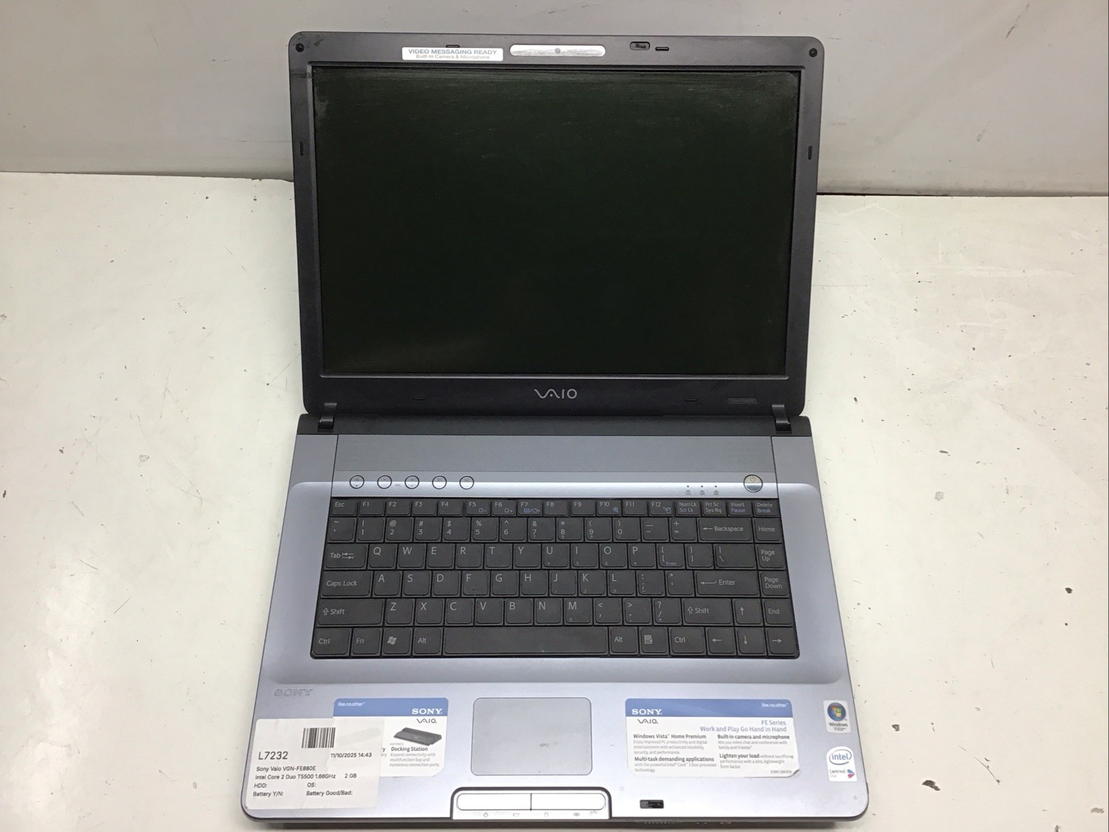 Sony Vaio VGN-FE880E Intel Core 2 Duo T5500 1.66GHz 2 GB NO HDD