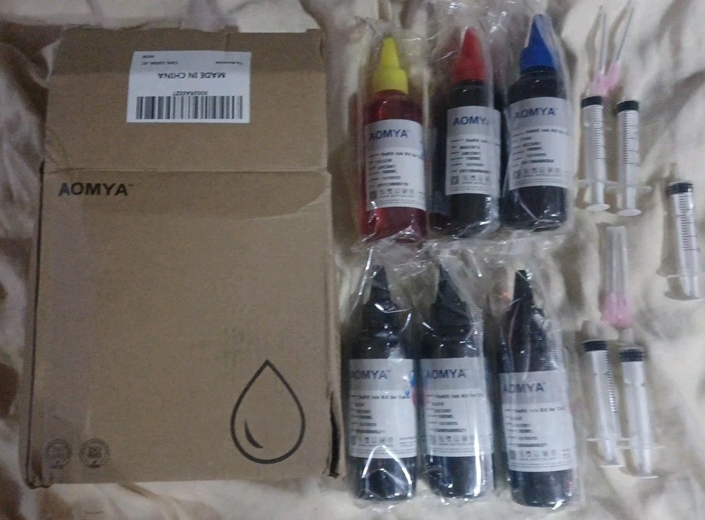 Aomya Ink Refill kit For CANNON 6 Bottles 3 BLK, 1 Y, 1 M, 1 C AND 4 SYRINGES 