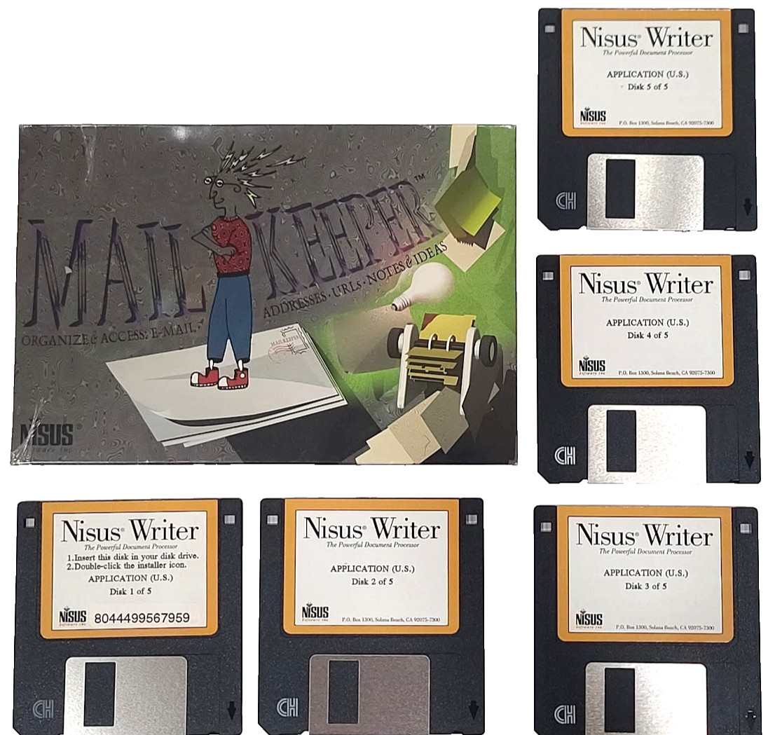 Vtg 80s Nisus Writer Mail Keeper for Mac OS Computer Floppy Disc Set of 4 Minty