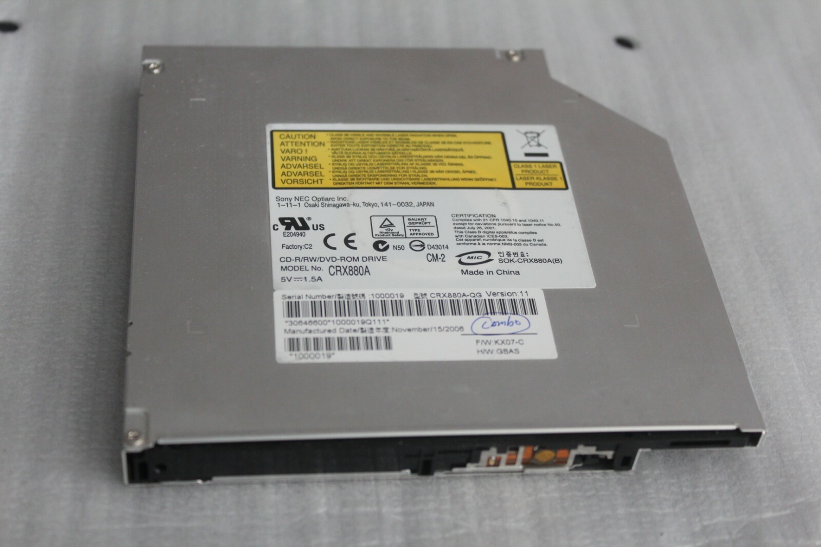 Sony CD-R CDRW DVD-ROM CRX880A Combo Optical IDE Drive w/o front bezel door