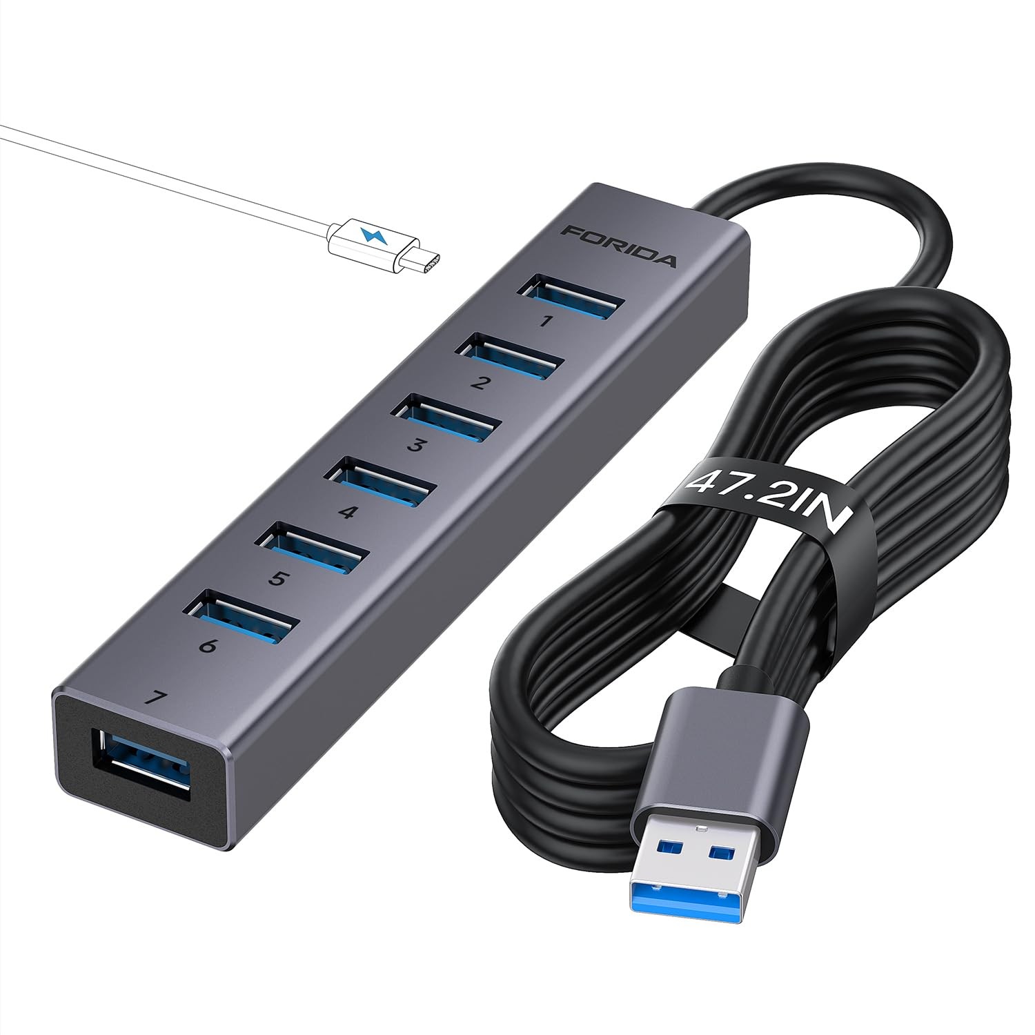 USB Hub 8 Port, 7 USB 3.0 Data Ports + USB 5V/3A Power Port, 47 Inch/120CM Lo...