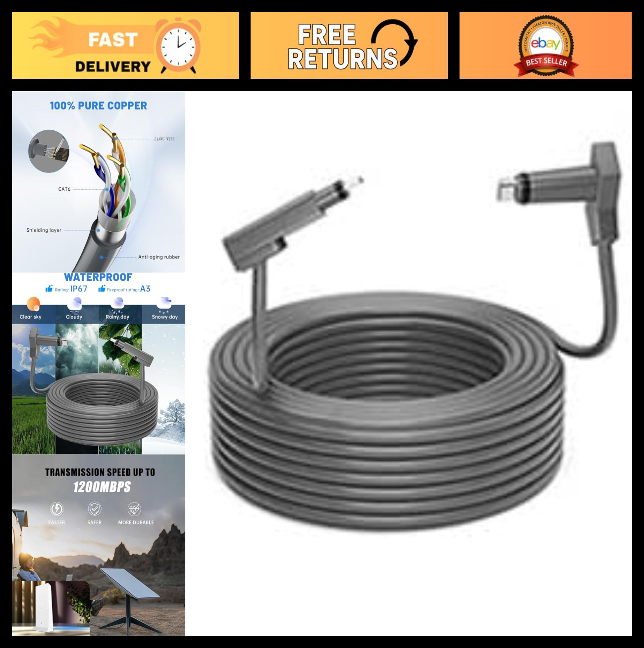 200FT Starlink Cable Gen 2 Extension - Waterproof Replacement for V2 Kit