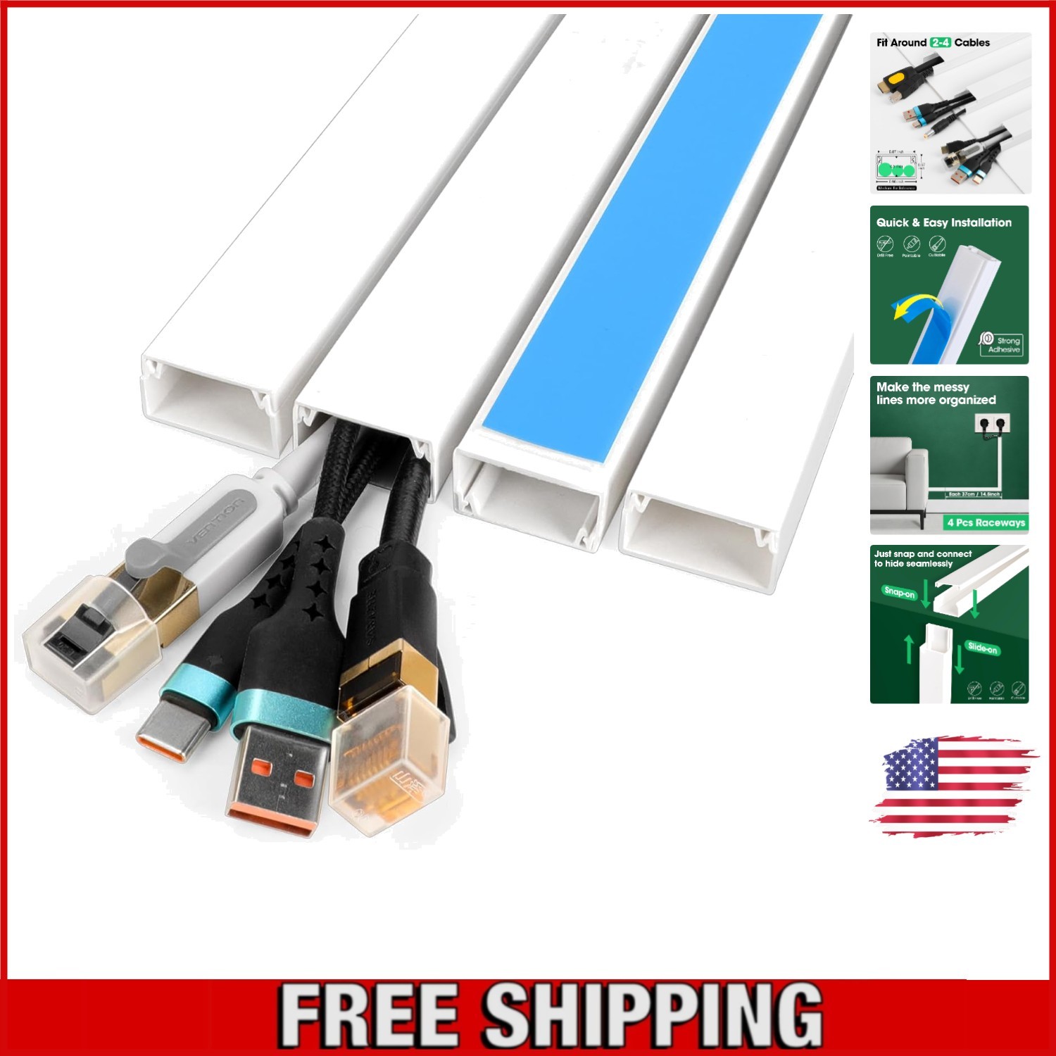 Durable Cord Hider Kit - 58in Paintable Covers for Safe Cable Management