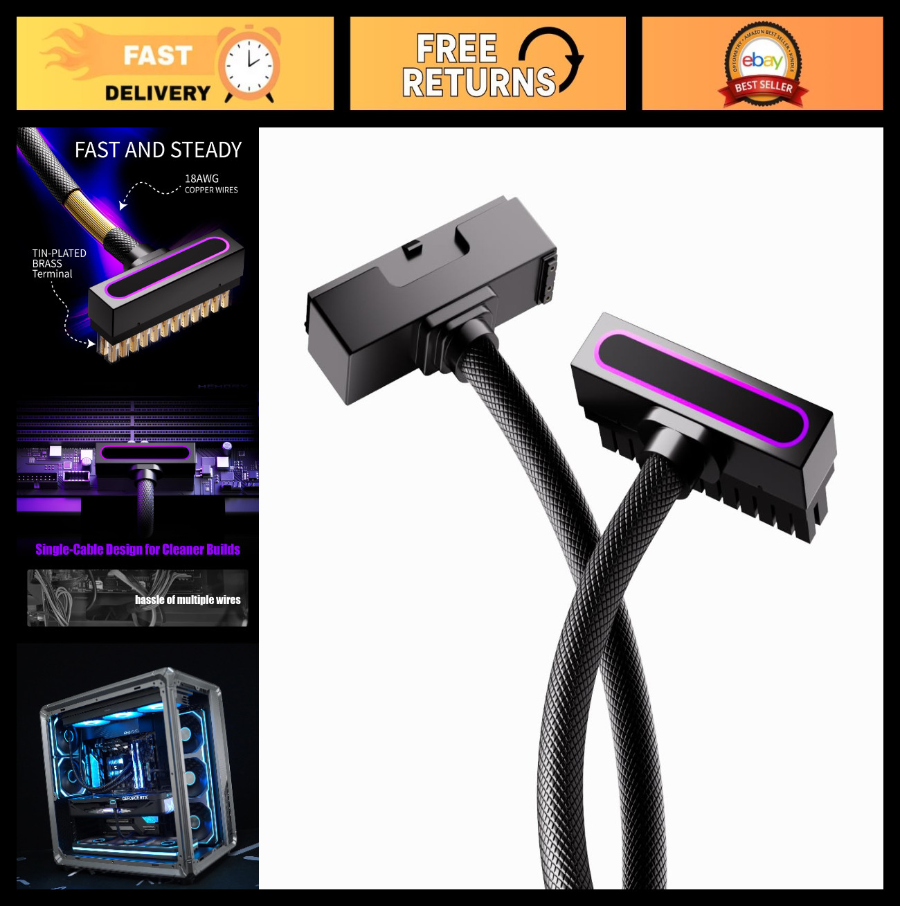 24PIN PSU Extension Cable, ARGB 5V 3Pin, 18AWG Right-Angle Design, 30CM Black