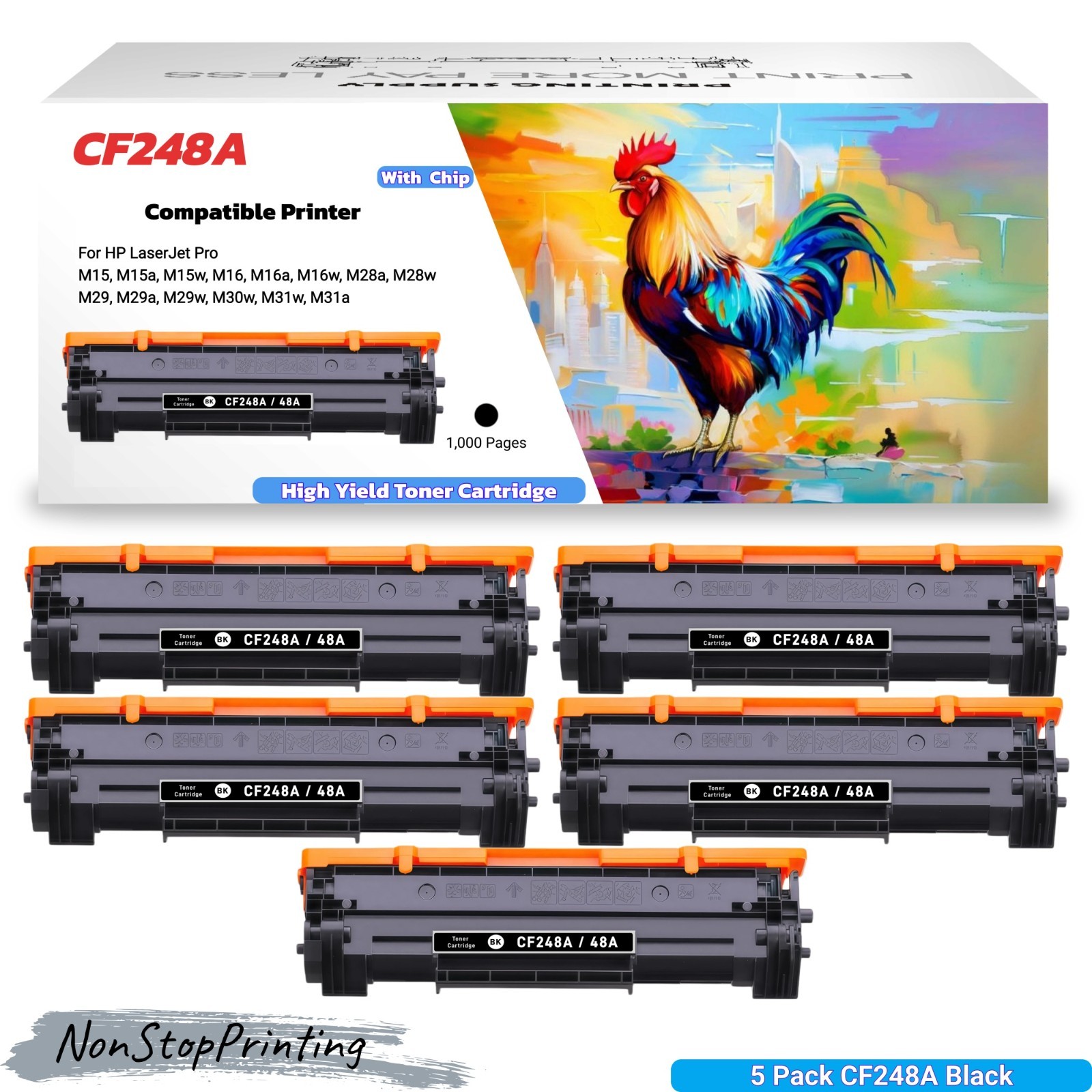 5PK CF248A 48A High Yield Toner Cartridge for HP M15 M16 M28 M29 M30 M31 Black