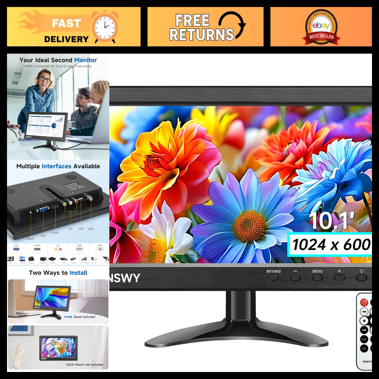 10.1" HD Security Monitor, 1024x600 Resolution, Compact HDMI Display, CCTV Use