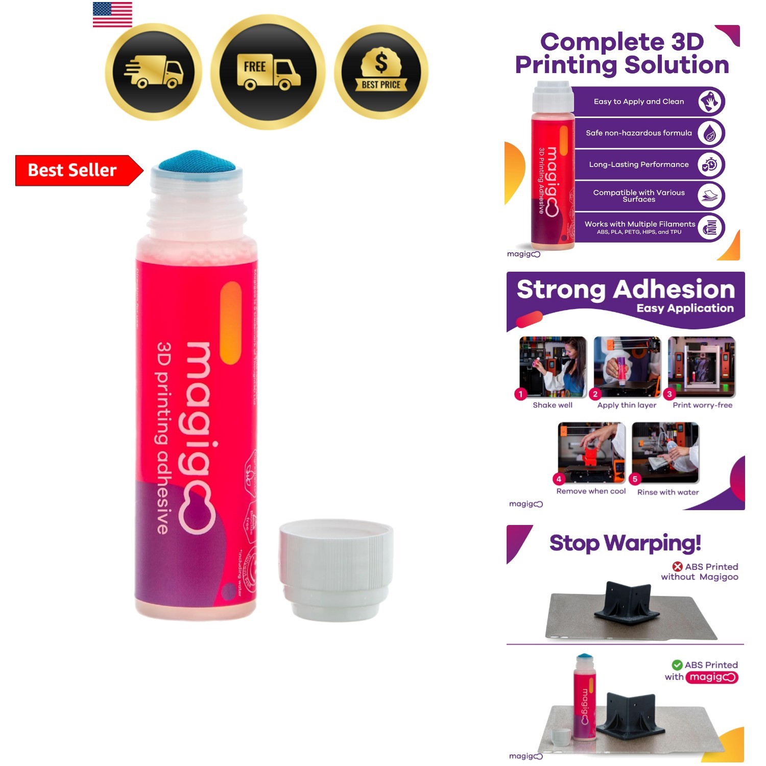 All-in-One 3D Printer Adhesive Glue - ABS, PLA, PETG, HIPS, and TPU Flex Fila...