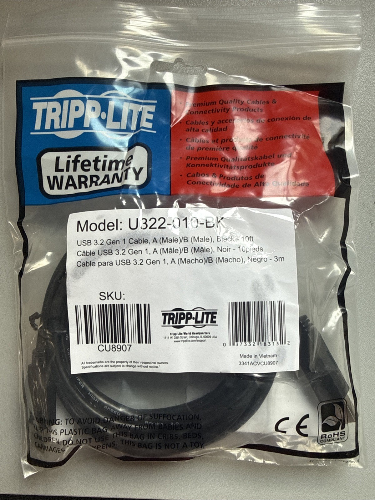 LOT OF 26 USB 3.2 Gen 1 Cable, A (male)  B(male)  10ft  U322-010-BK