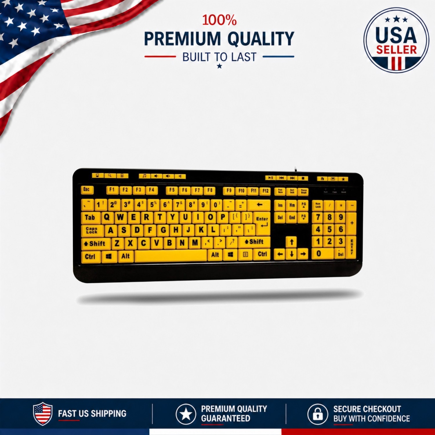 Multimedia Large Print USB Keyboard with Bright Fluorescent Yellow Design