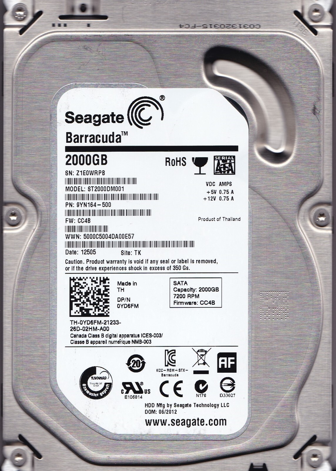 FOR DATA RECOVERY ST2000DM001 p/n: 9YN164-500 s/n: Z1E TK 2TB 2012 3.5" Seagate