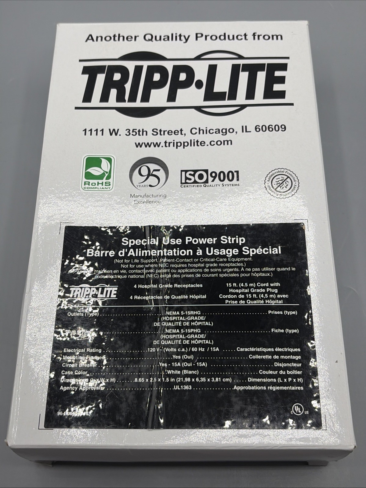 Tripp Lite PS-415-HG 4-Outlet Power Strip With 15 Ft Cord Hospital Grade White