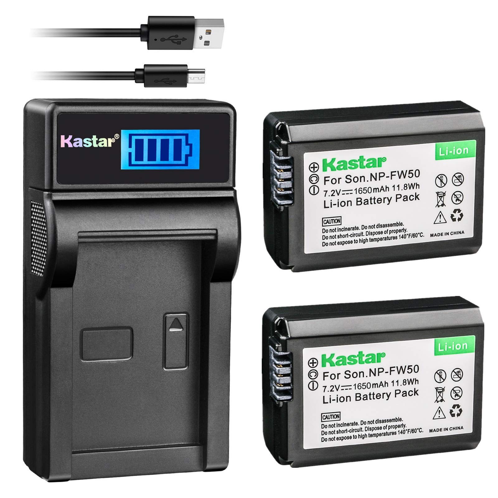 Battery (X2) & LCD USB Charger for Sony NP-FW50 and Alpha 7 7R 7R II 7S a7R a...