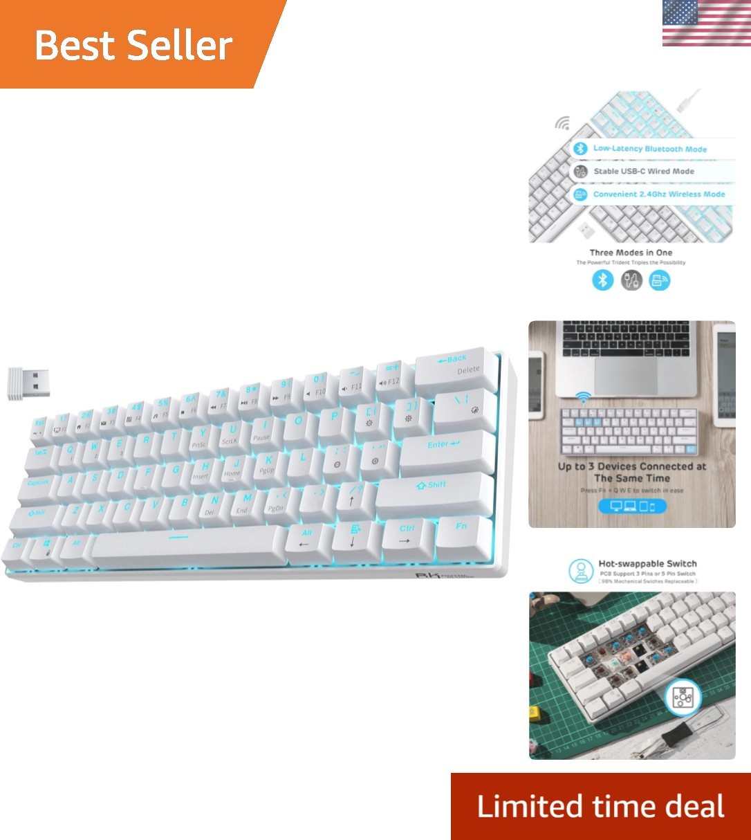RK61 Wireless 60% Triple Mode BT5.0/2.4G/USB-C Mechanical Keyboard, 61 Keys W...
