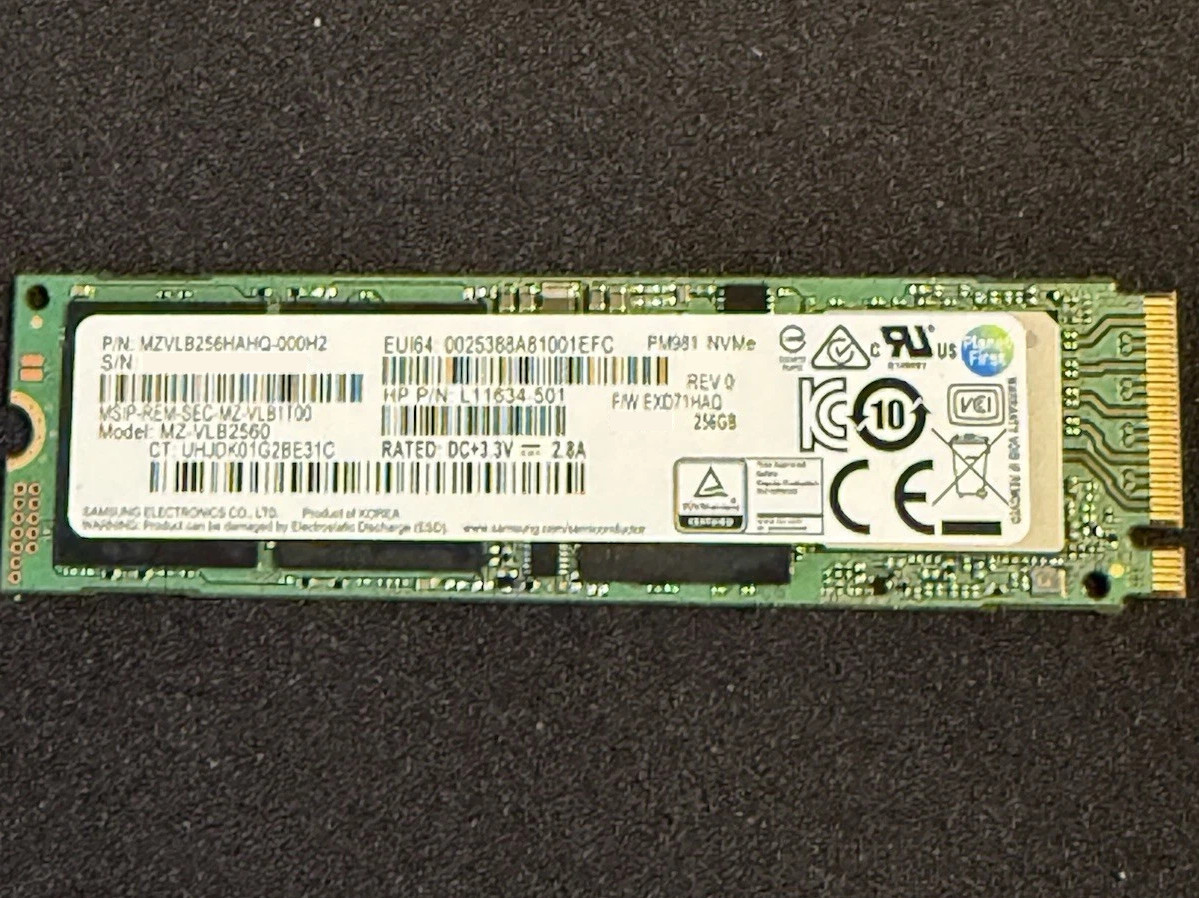 SAMSUNG PM981 256GB M.2 NVMe PCIe 3.0 x4 SSD MZ-VLB2560 HP L11634-001
