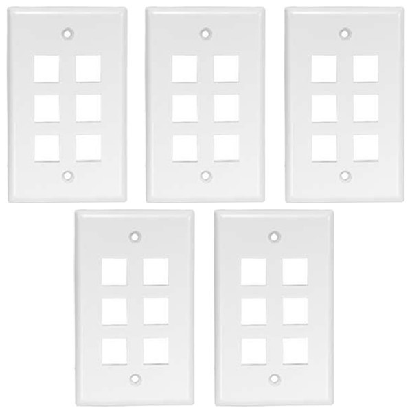 5x 6 Port Hole RJ45 RJ11 Keystone Jack Insert Wall Plate Faceplate 1 Gang White
