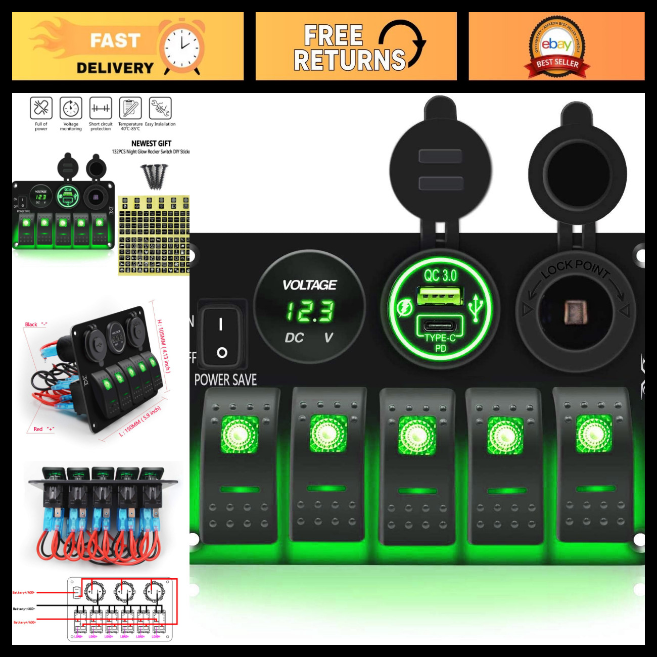 Waterproof 5 Gang Rocker Switch Panel with QC3.0 USB, Type-C, Cigarette Lighter